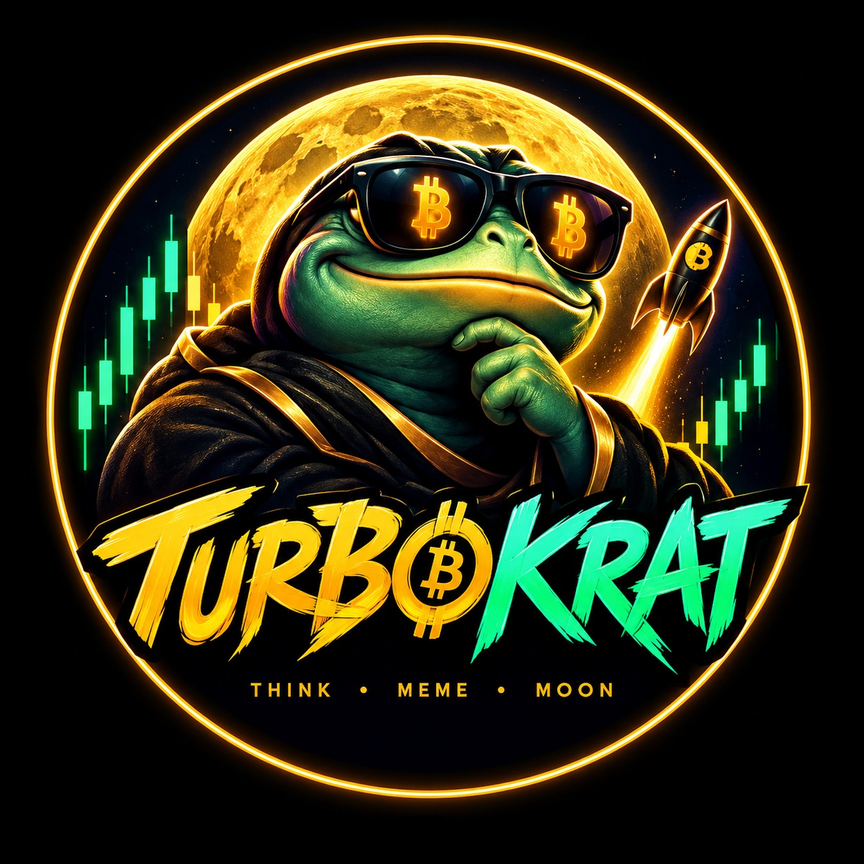TURBOKRAT green crypto mascot with sunglasses, golden moon and rocket
